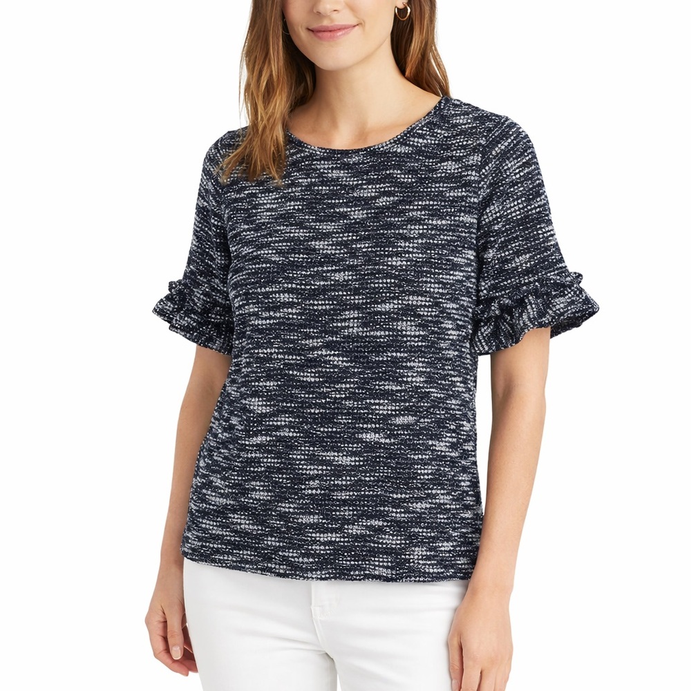 Banana Republic Boucle Ruffle Sleeve Blouse Navy White Medium